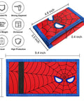 Folded red Kids Wallet Kid Friendly With RFID Protection For Boys And Girls Large Capacity Trifold Wallet With Zipper Coin Pocket 1 ID Window 3 Card Slots 2 Big Bill Compartments Dope Birthday Gift Red showing dimensions.