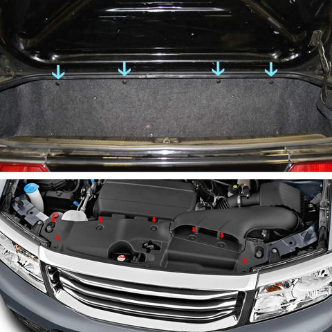 Fender Rivet Clips 10mm 91503 SZ3 003 Original Replacement Kit installed in Honda and Acura vehicles showing trunk and engine compartments.