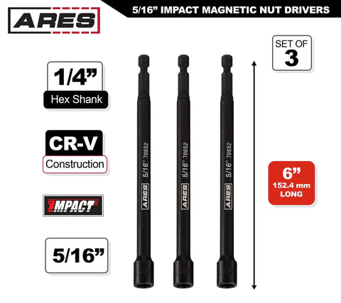 Three Piece Five Sixteenth Inch Magnetic Impact Nut Driver Bit Set, Six Inch Long, Impact Grade Nut Setters With Industrial Strength Magnets, Quick Connect Compatible