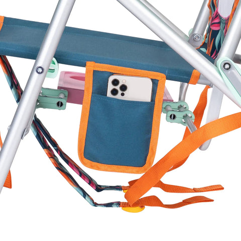 Detail of Ultra Premium Outdoor Lounge Chair With Smooth Slide Tray showing side pocket for phone and colorful straps.