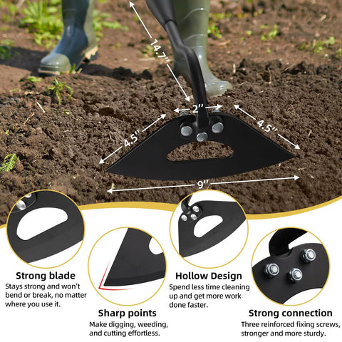Garden Hoe Weeder Removal No Nonsense Heavy Duty Weed Tool For Gardening with hollow blade and measurements in use.