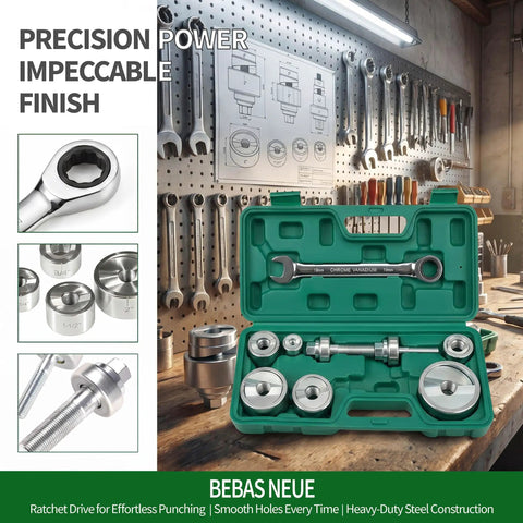 No Sweat Heavy Duty Ratchet Knockout Hole Punch Driver Kit 1 2 To 2 Inch Manual Knockout Tool With Six Precision Dies in green case.