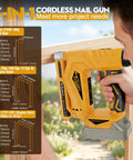 Close-up of the Compact 3 In 1 Cordless Staple Gun And 18 Gauge Brad Nailer Kit in use, showing brad and staple sizes.
