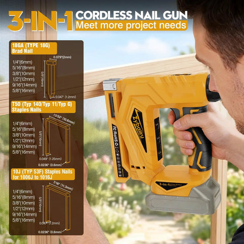 Close-up of the Compact 3 In 1 Cordless Staple Gun And 18 Gauge Brad Nailer Kit in use, showing brad and staple sizes.