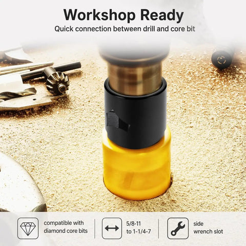 Heavy Duty Hardened Steel Core Drill Thread Adapter That Pulls Off A Smooth Swap From One Inch And Quarter Female To Five Eighths Male Threads for drill and core bit connection.