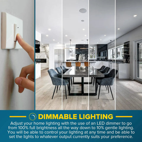 Person adjusting dimmable switch next to modern kitchen, showcasing Ultra Thin 3 Inch LED Recessed Lighting Kit With Junction Box.