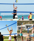 Heavy Duty Outdoor Volleyball Net Set With Adjustable Poles And Anti Sag Design, Portable Beach Net Kit in use on sand and grass courts.