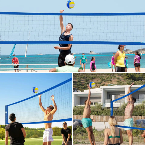 Heavy Duty Outdoor Volleyball Net Set With Adjustable Poles And Anti Sag Design, Portable Beach Net Kit in use on sand and grass courts.