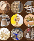 Basswood sheets 12x12x1/8 in, unfinished natural wood for DIY crafts; collage of wooden models and ornaments.