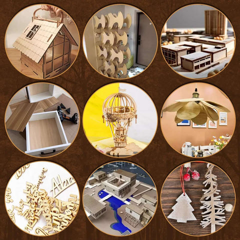 Basswood sheets 12x12x1/8 in, unfinished natural wood for DIY crafts; collage of wooden models and ornaments.