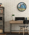 Dead Quiet Sweep Wall Clock With A Sweet Rural Blue Valley Warehouse Vibe Non Ticking Round Timepiece Battery Operated Design displayed in a chic home office.