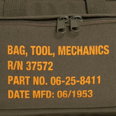 Close-up of Mechanic Tool Bag With Heavy Duty Olive Drab Canvas Construction showing stencil text and zipper detail.