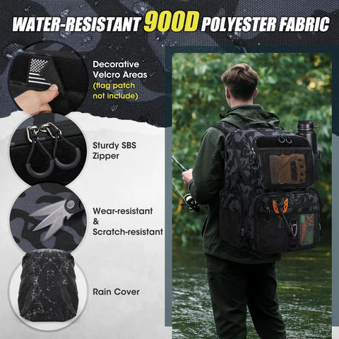 Man wearing 45L Fishing Backpack With Rod Holders And Rain Cover, showcasing waterproof 900D fabric, velcro, and sturdy zippers.
