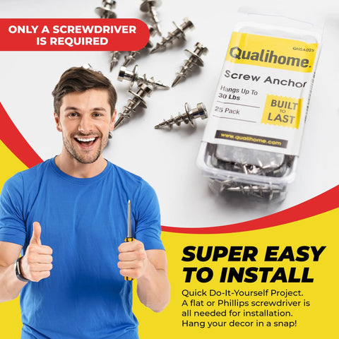 Double Headed Wall Screw Anchors And Picture Hooks Heavy Duty Bear Claw Hanger Screws Hold Up To 30 Lbs Ideal Drywall Fasteners For D Rings Wire Keyholes Hang Pictures And Mirrors In A 25 Pack with packaging and a smiling person holding a screwdriver.
