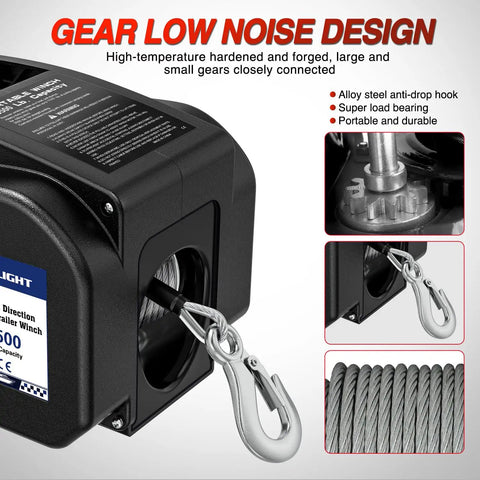 Beefy 3500 Lb Electric Boat Winch 12V DC With Remote Control And Hand Crank Portable Waterproof Reversible Trailer Winch For Boats Perfect For Small To Mid Size Boats Weatherproof Housing Smooth Operation Remote And Manual Crank Power In Freewheel, black steel cable and hook