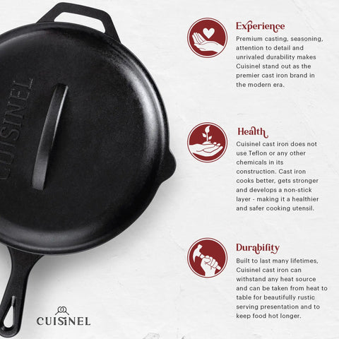 12 Inch Cast Iron Skillet With Lid, A Go-To Indoor Outdoor Frying Pan Set, Pre Seasoned, With Silicone Handle, Lid Holders, Scraper And Cleaner, Campfire, Grill, Stove, Oven Safe Cookware shown with durability and health benefits text.