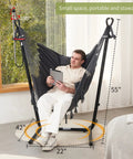 Cozy Macrame Hammock With Stand And Phone Holder, Double Hanging Swing Chair indoors with a man reading, 400 lbs support