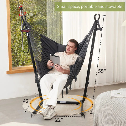 Cozy Macrame Hammock With Stand And Phone Holder, Double Hanging Swing Chair indoors with a man reading, 400 lbs support