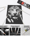 White Charcoal Pencils Set, 5 Piece For Dark Paper Sketching And Shading shown with black paper tiger drawing, packaging visible.