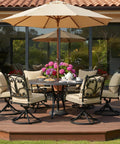 Patio setup with table and chairs featuring 4 Pack Outdoor Chair Cushions Faux Linen For Patio Furniture With Deep Seat Cushions And Plush Backrest Cozy Support Water Resistant Ties And Removable Covers Non Slip Bottom 24 By 24 Inch Nature under a large umbrella.