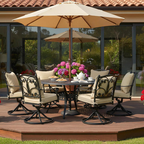 Patio setup with table and chairs featuring 4 Pack Outdoor Chair Cushions Faux Linen For Patio Furniture With Deep Seat Cushions And Plush Backrest Cozy Support Water Resistant Ties And Removable Covers Non Slip Bottom 24 By 24 Inch Nature under a large umbrella.