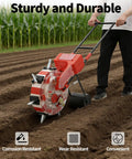 Manual Garden Seeder Hand Push Walk Behind Planter With 7 Nozzles in use on soil, durable design, planting row after plowing.