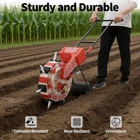 Manual Garden Seeder Hand Push Walk Behind Planter With 7 Nozzles in use on soil, durable design, planting row after plowing.