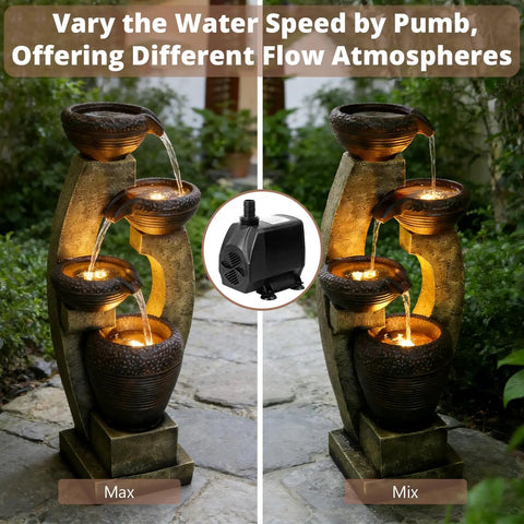 40 Inch Tall Outdoor Water Fountain With 4 Tier Crocks And LED Lights, Premium Resin And Fiberglass Construction, Weatherproof