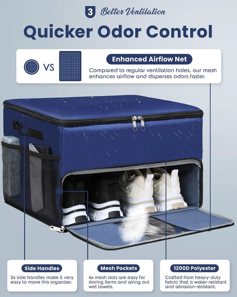 Ultimate Golf Trunk Organizer For Gear, Shoes And Accessories For Men And Golfers, showing vented blue bag with shoes inside