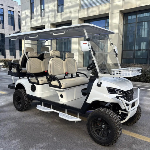 Smooth 48V Lithium Golf Cart Sightseeing Patrol Rig With Solid Double Wishbone Suspension 4Kw Motor 10 Inch Touchscreen Sound System And Premium Headrest Seats For Great Park Cruising with beige seats and open design.