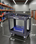 Heavy Duty Rolling Tool Cart Two Tier With Locking Casters, 500 Lb Capacity, Durable PP Construction, Mobile Workshop Organizer For Tools And Supplies, Top Shelf 31x17x4 In, Bottom Shelf 30x16x4 In, shown in warehouse