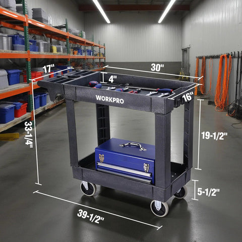 Heavy Duty Rolling Tool Cart Two Tier With Locking Casters, 500 Lb Capacity, Durable PP Construction, Mobile Workshop Organizer For Tools And Supplies, Top Shelf 31x17x4 In, Bottom Shelf 30x16x4 In, shown in warehouse