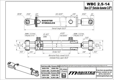 Double Acting Hydraulic Cylinder 2.5 Inch Bore 14 Inch Stroke With 1.125 Inch Rod Diameter Clevis Ends 2500 PSI Built Tough For Farm Equipment And Universal Hydraulic Use, technical drawing