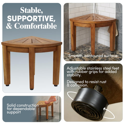 Kai OptiAREA Teak Foot Rest For Corner Showers Go-To Durable Water Resistant Foot Stool With No Slip Feet Space Saving Design For Indoor And Outdoor Use Perfect For Shaving Legs