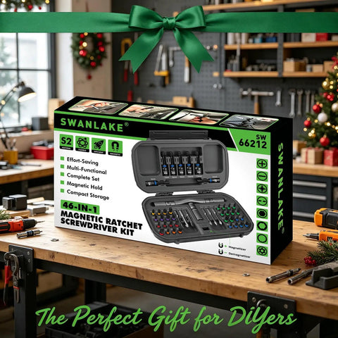 Hella Versatile 46 In 1 Magnetic Ratchet Screwdriver Kit Featuring KickAss Nut Drivers And Detachable Ergonomic Handle With Secure Storage Box displayed in a workshop.