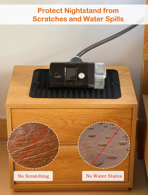 CPAP Protector Mat And Dust Cover Set With 2 Hose Plugs Waterproof Nightstand Pad on wooden drawer, reducing scratches and stains