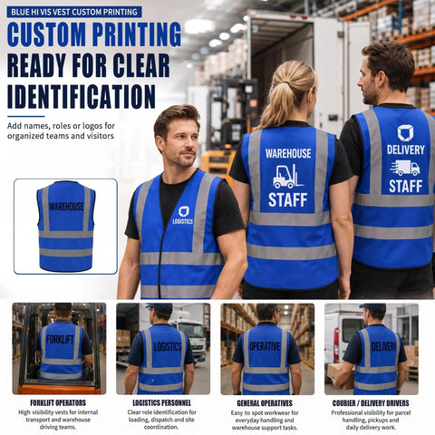 Heavy Duty High Visibility Safety Vest In Vivid Blue Featuring Continuous Reflective Banding Cut From Ultra Breathable Mesh For Hard Hats Trail Blazers And Night Runners Straight Up Designed To Keep You Seen And Locked In on logistics workers in a warehouse.