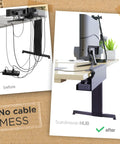 Before and after of under desk cable management tray no drill for glass desks showing tidy cords with black wire tray.