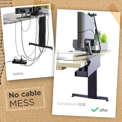 Before and after of under desk cable management tray no drill for glass desks showing tidy cords with black wire tray.