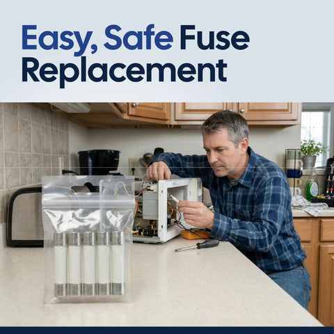 Man fixing a microwave with a set of 20 Amp Microwave Fuse 250V Slow Blow Replacement Universal Time Delay Safety Fuse visible in foreground.