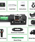12V 3500 Lb Electric ATV UTV Winch With Waterproof Steel Cable, Beefy 2 Wireless Remotes, Mounting Plate, Clevis Hook, Accessories