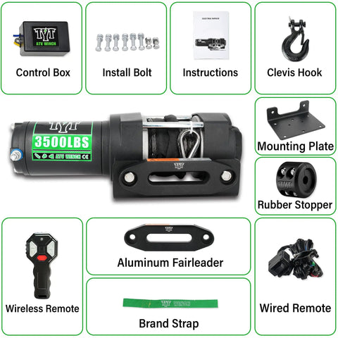 12V 3500 Lb Electric ATV UTV Winch With Waterproof Steel Cable, Beefy 2 Wireless Remotes, Mounting Plate, Clevis Hook, Accessories