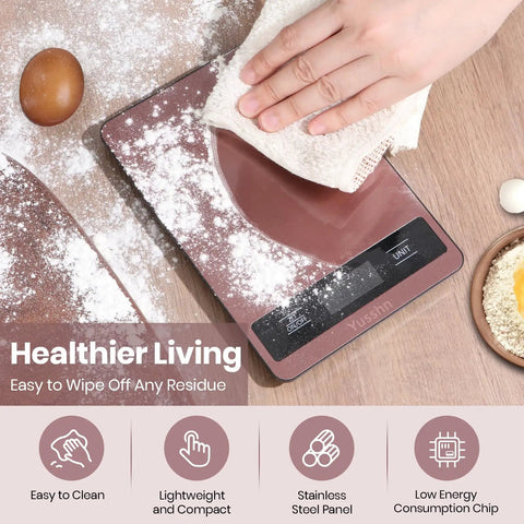 Digital Kitchen Scale for Pro Grade Precision in Cooking and Baking, Rose Gold Waterproof Stainless Steel, being wiped clean