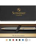 Luxurious Silver Chrome Ballpoint Pen With Real Gold Plating And Schmidt Black Refill in elegant gift box, pen displayed on lid