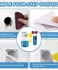 Simple four-step solution showing Drywall Repair Kit With Fast Dry Putty Tube And Large Jar For Wall Ceiling And Plaster Crack Filler Spackle Includes 2x2 And 4x4 Patch Mesh Dual Scrapers And Sandpapers For Quick Home Repair