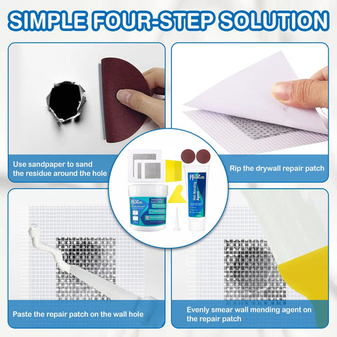 Simple four-step solution showing Drywall Repair Kit With Fast Dry Putty Tube And Large Jar For Wall Ceiling And Plaster Crack Filler Spackle Includes 2x2 And 4x4 Patch Mesh Dual Scrapers And Sandpapers For Quick Home Repair