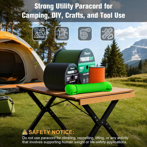 Tough As Nails Paracord Rope 750 Lb Test, 4mm on spool placed on camping table with mountains in the background