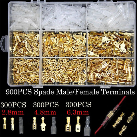 Gold Plated Insulated Spade Connectors 600 Piece Set Kit Male Female Wire Terminals 2.8mm 4.8mm 6.3mm Sizes For Automotive Electrical Wiring And Home Repair Projects These Bad Boys Hold Fast And Tight So Connections Stay Locking And Super Secure Forever. Assorted spade connectors in organizer box, 2.8mm, 4.8mm, 6.3mm