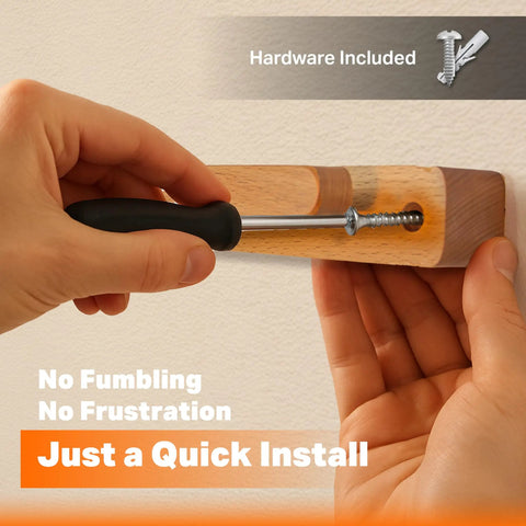 Person installing Premium Wooden Vertical Skateboard Wall Mount Rack And Heavy Duty Storage Hanger For Standard Decks with screwdriver.