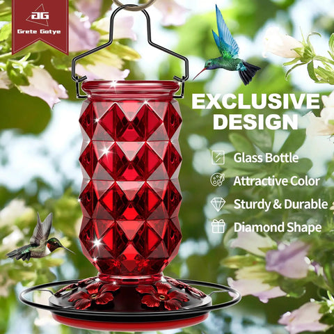 Outdoor Hummingbird Feeder With Perch And Five Flower Feeding Ports 25 Oz Glass Nectar Feeder Leak Proof Hanging Bird Feeder For Garden Backyard Decor Totally Great Gift For Women Moms Red